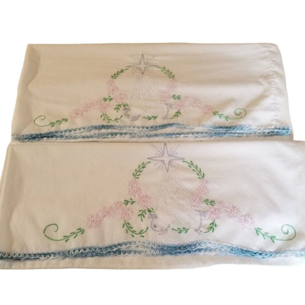 2 Vintage Hand Embroidered Pillowcases Praying Hands Crochet Border